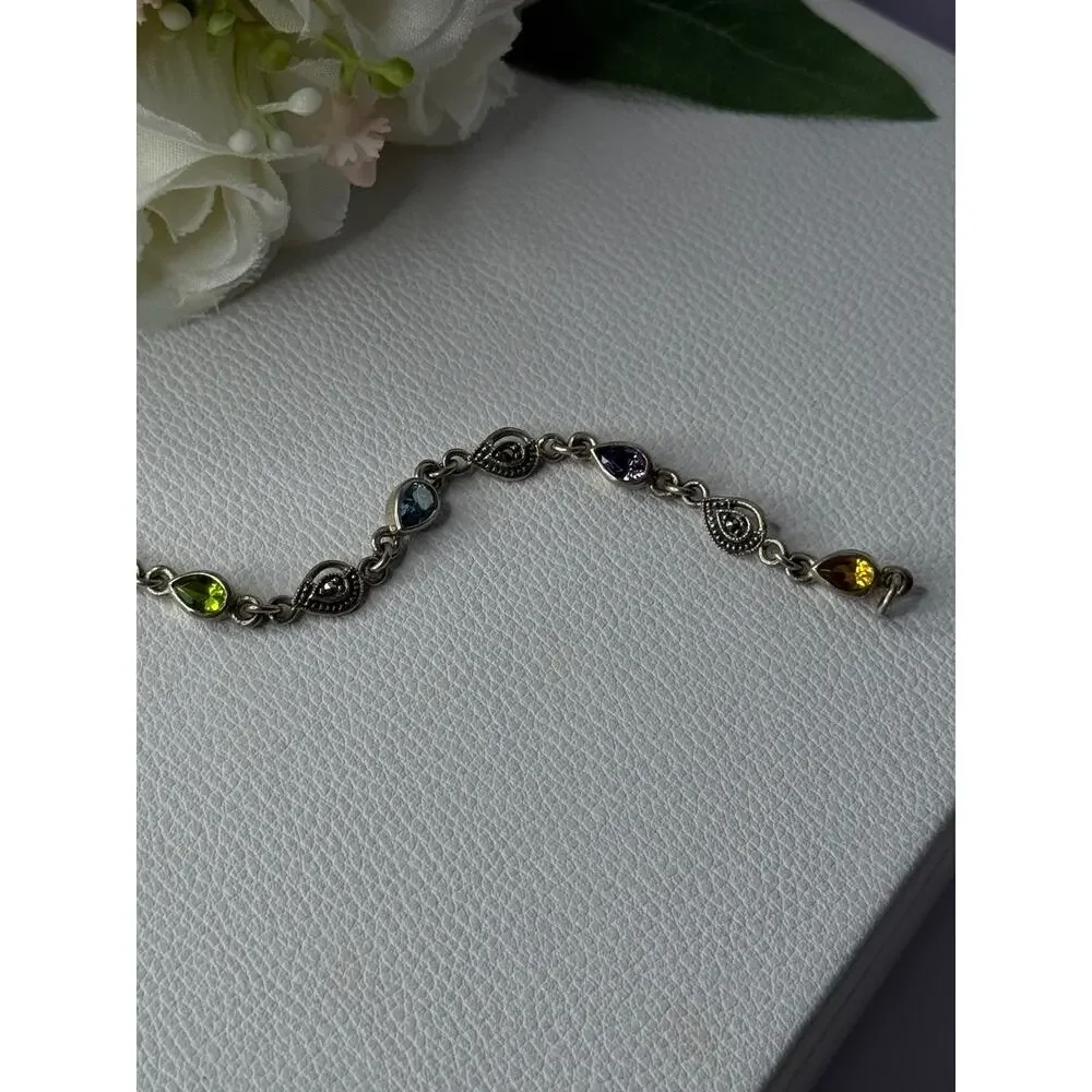 925 Sterling Silver Amethyst Citrine Garnet Peridot Topaz Bracelet Length 7.5 In